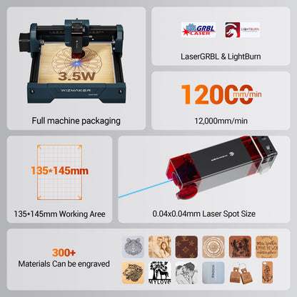 WIZMAKER Wand MINI 3.5W Laser Engraver, Beginner DIY Wood, Leather, Paper, MDF, Acrylic Engraving Machine, 135×145mm, WiFi/USB/Hotspot, LaserGRBL 3500mW