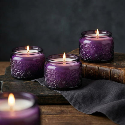 18-Pack 4oz Embossed Glass Candle Container with Bamboo Lids and Labels, Clear Candle Jars for Making Candles, Sun Moon Star Design (Purple)