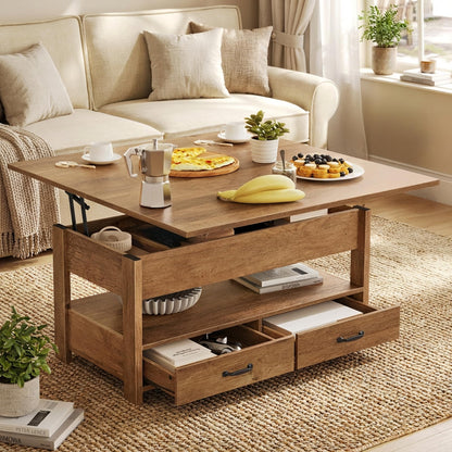 VASAGLE Coffee Table Lift Top, 3 in 1 Center Table with Storage, Gas Spring, 2 Drawers and 3 Hidden Compartments, Open Shelf, for Living Room, Home Office, Honey Brown ULCT254K01