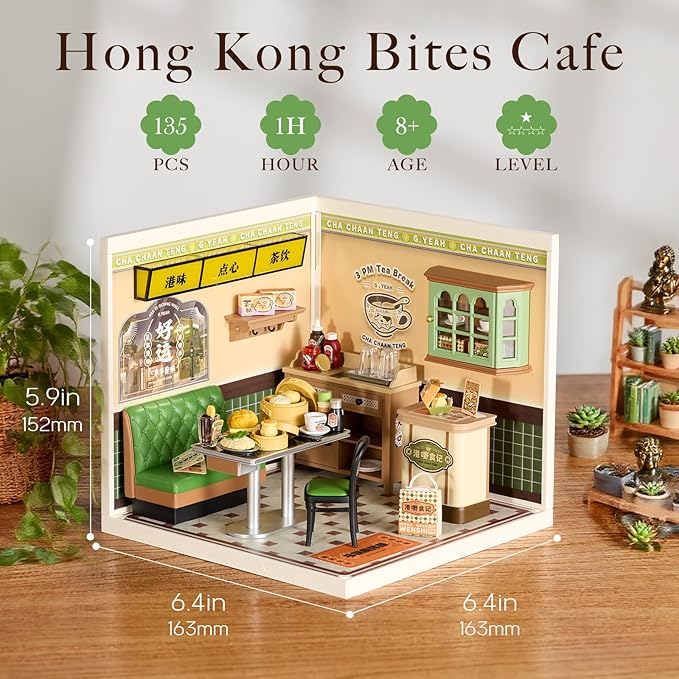 Rolife Super Creator DIY Miniature Plastic House Building Set Playset with LED Suitable for Mini Figures Construction Toys Diorama Kit Gifts for Teens Adults (Hong Kong Bites Cafe)