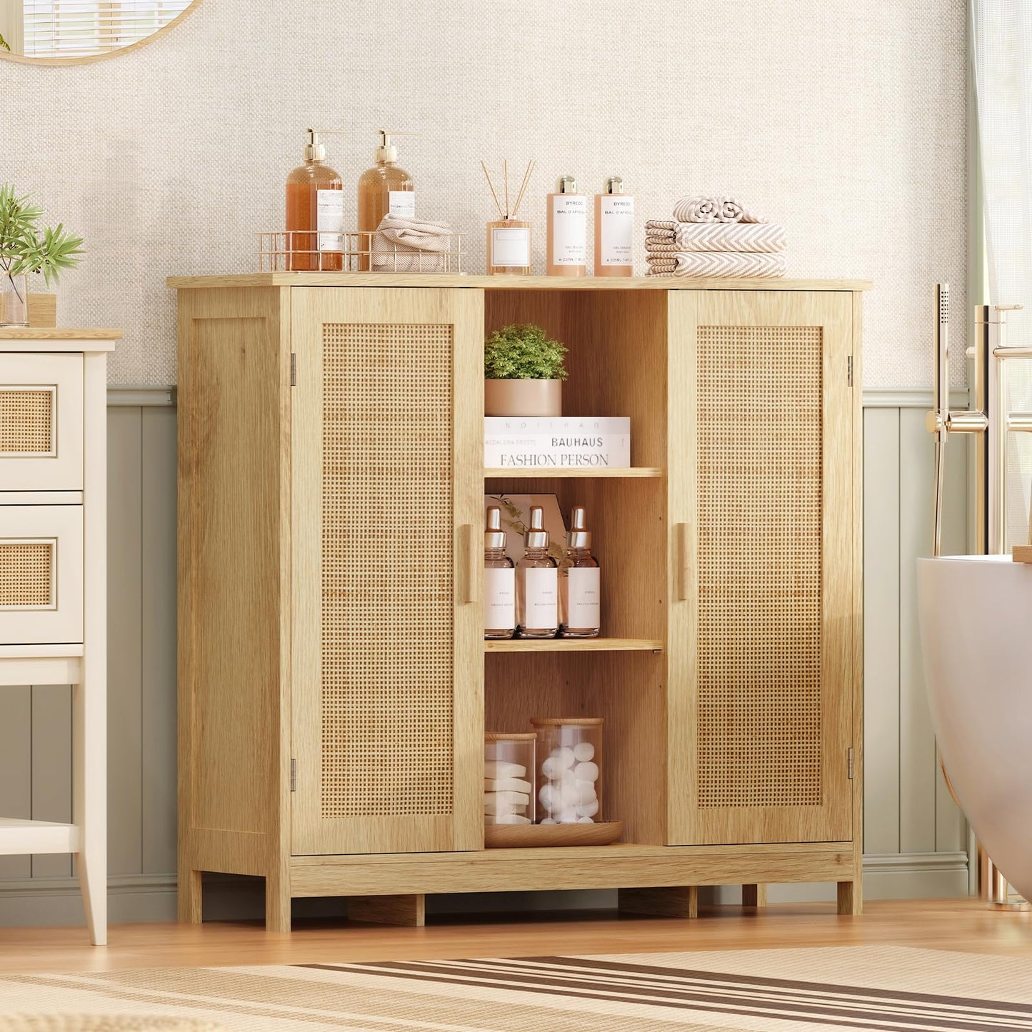 Iwell Rattan Storage Cabinet with 4 Adjustable Shelves, Coffee Bar Cabinet, Sideboard Buffet for Kitchen, Living Room, Entryway, Natural