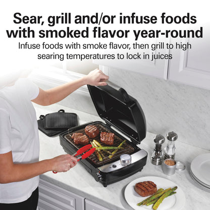 Hamilton Beach Electric Indoor Grill with Hot and Cold Smoke Infuser, 150°F - 450°F Temperature Control For Searing, Vented Hood and Fan, 116 Sq. In. Non-Stick Cooking Surface, Black (25375)
