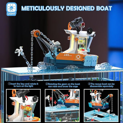 Fish Tank Building Blocks Set - 830PCS Ocean Treasure Hunt Building Set with Adventure Boat Shark Jellyfish &amp Coral Reef STEM Toys Birthday Christmas Building Blocks Gift Idea