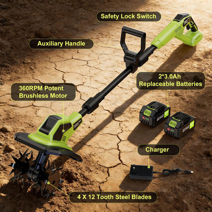 Cordless Tiller Cultivator, 21V Lightweight Tiller for Gardening with 2 * Batteries, Brushless Electric Tiller with 48 Steel Tines, 400RPM, 9.5" Tilling Width, 7" Depth for Gardening、Soil Turning