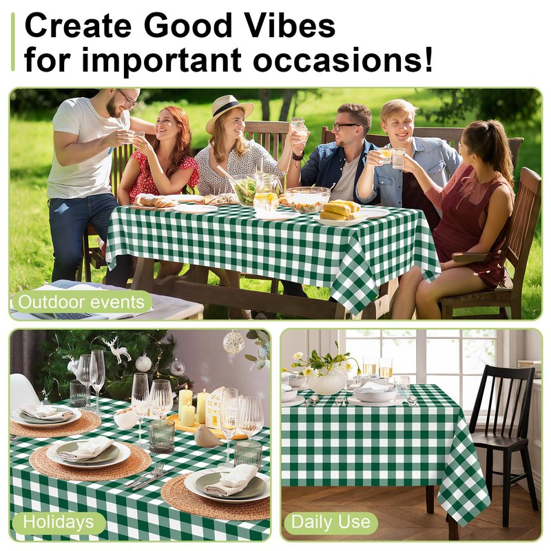 QIKSION Green Gingham Tablecloth Disposable 6 Pack, 54 x 108 Inch Green and White Checkered Table Cloth for Camping, Birthday, Masters Golf Party Supplies, Rectangle, Plastic Table Cover