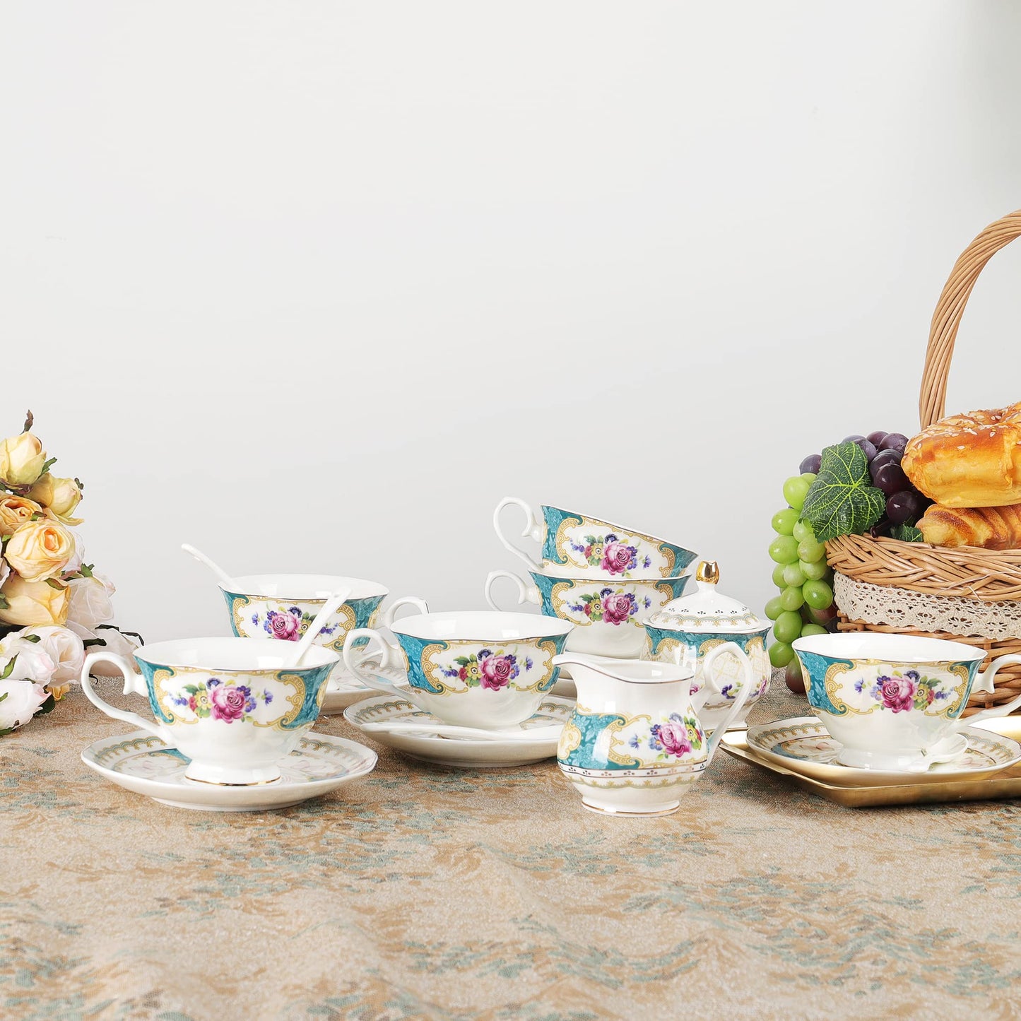 fanquare 21 Piece Floral Porcelain Tea Set, British Tea Cup and Saucer Set for 6, Tea Party Set for Women, Blue Roses