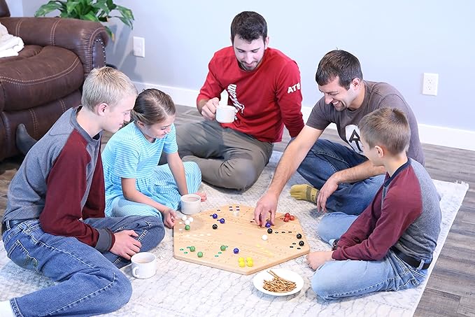 AmishToyBox.com Wahoo Marble Game Board Set - 20 Wide - Solid Oak Wood - Double-sided - with Large 18mm Marbles and Dice Included