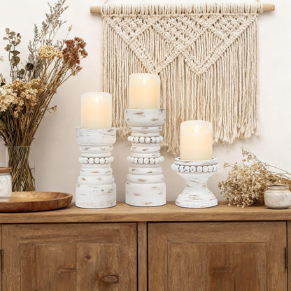 MODE HOME Rustic White Wood Candle Holders Set of 3, Farmhouse Beaded Wood Pillar Candle Holder, Candle Holders for Pillar Candles & Candlesticks, Candle Sticks Holder Decor for Table Centerpiece