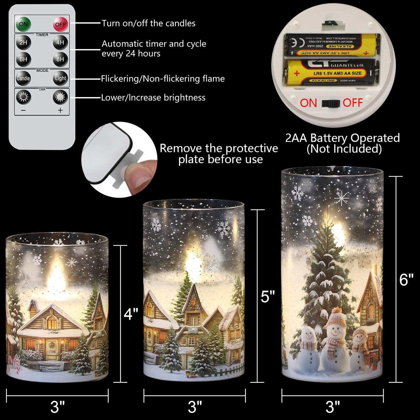Lasumora Snowman Family and Snowy Cabin Scene Themed Glass Flameless Candles with Remote Timer, Battery Operated LED Pillar Candles Real Wax for Home Décor Christmas Gifts, D3”x H4” 5” 6”