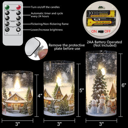 Lasumora Snowman Family and Snowy Cabin Scene Themed Glass Flameless Candles with Remote Timer, Battery Operated LED Pillar Candles Real Wax for Home Décor Christmas Gifts, D3”x H4” 5” 6”