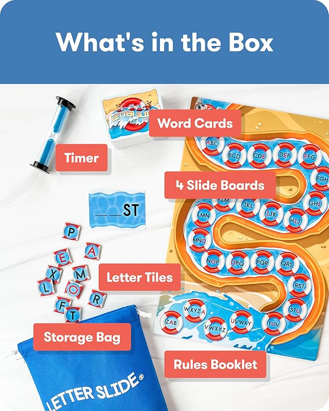 SimplyFun Letter Slide - Enhance Vocabulary and Language Skills with This Educational Game Focused on Spelling Consonants &amp Vowels Fun for 2-4 Players Ages 7 &amp Up