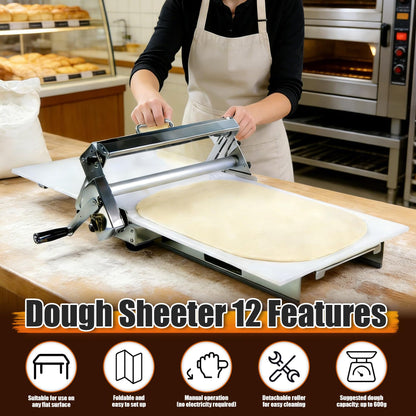Folding Dough Sheeter (12")，Folding Dough Rolling Machine，Manual Dough Sheeter，Dough Sheeter Machine For Home，Stainless Steel Dough Machine With 55 Adjustable Thicknesses,(1 Scrolling Panel)