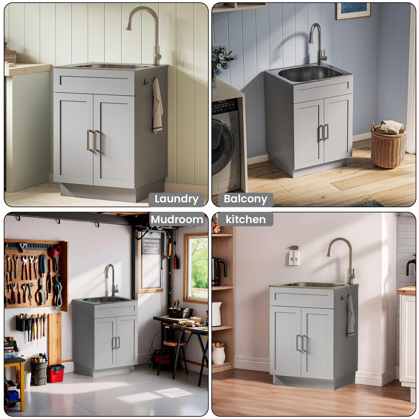 ANCTOR 24 Inch Laundry Sink with Cabinet, Stainless Steel Utility Sink Cabinet with Pull-Out Hot/Cold Faucet Metal Hooks Freestanding Deep Utility Sink for Laundry Utility Room Kitchen Garage