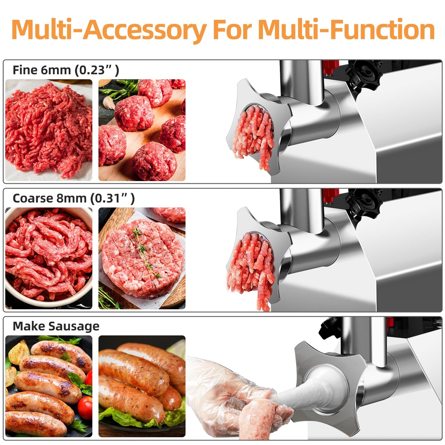 TERUISI Commercial Meat Grinder Heavy Duty, 1100W Electric Stainless Steel Meat Grinding Machine with 6/8mm Grinding Plates & Stuffing Tubes, Sausage Maker Meat Mincer 110V 350LBS/H
