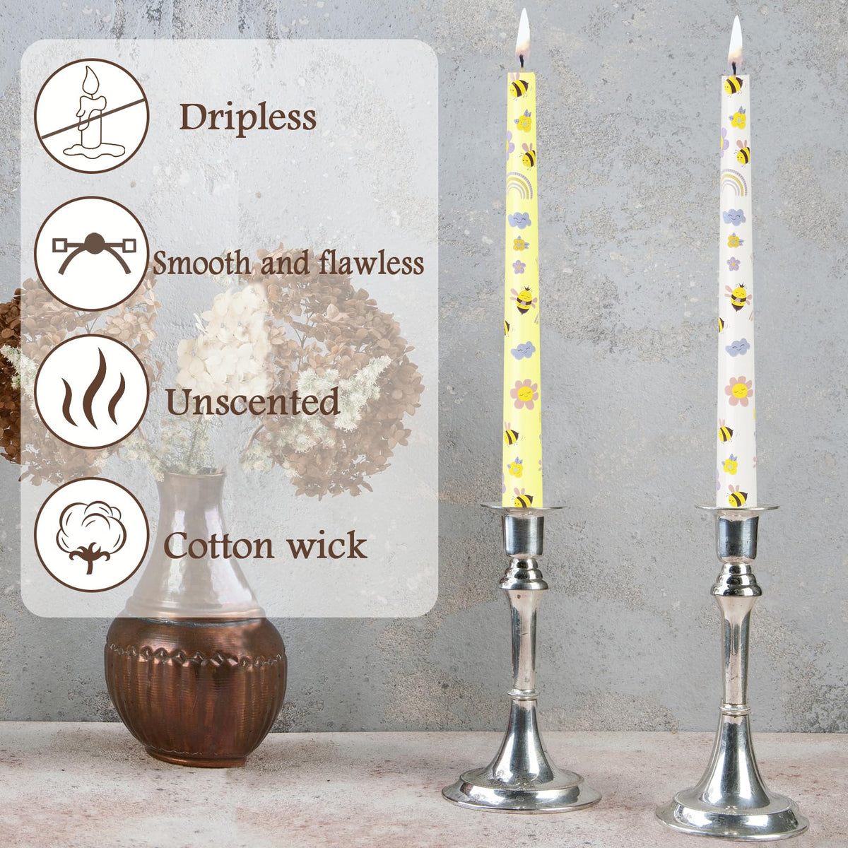 W&LESVAGO 10 Inch Yellow Bee Print Taper Candles, 4 Pack Unscented No-Drip Low-Smoke Long Wax Candlesticks for World Bee Day, Wedding, Party, and Dinner Table Decor (AY2)