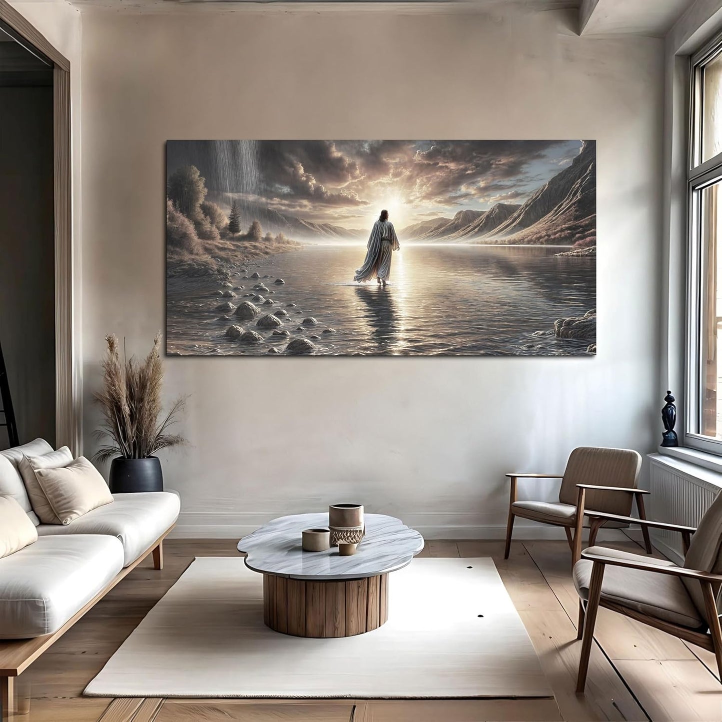 TAILORED CANVASES Jesus Walking on Water Wall Art - Framed Christian Decor for Living Room, Church | 48x24