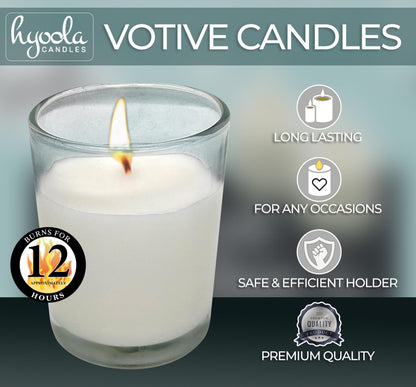 Hyoola White Votive Candles in Glass - Pack of 60 Votive Candle - 12 Hour Burn Time - Unscented Votive Candles - European Made Glass Votives