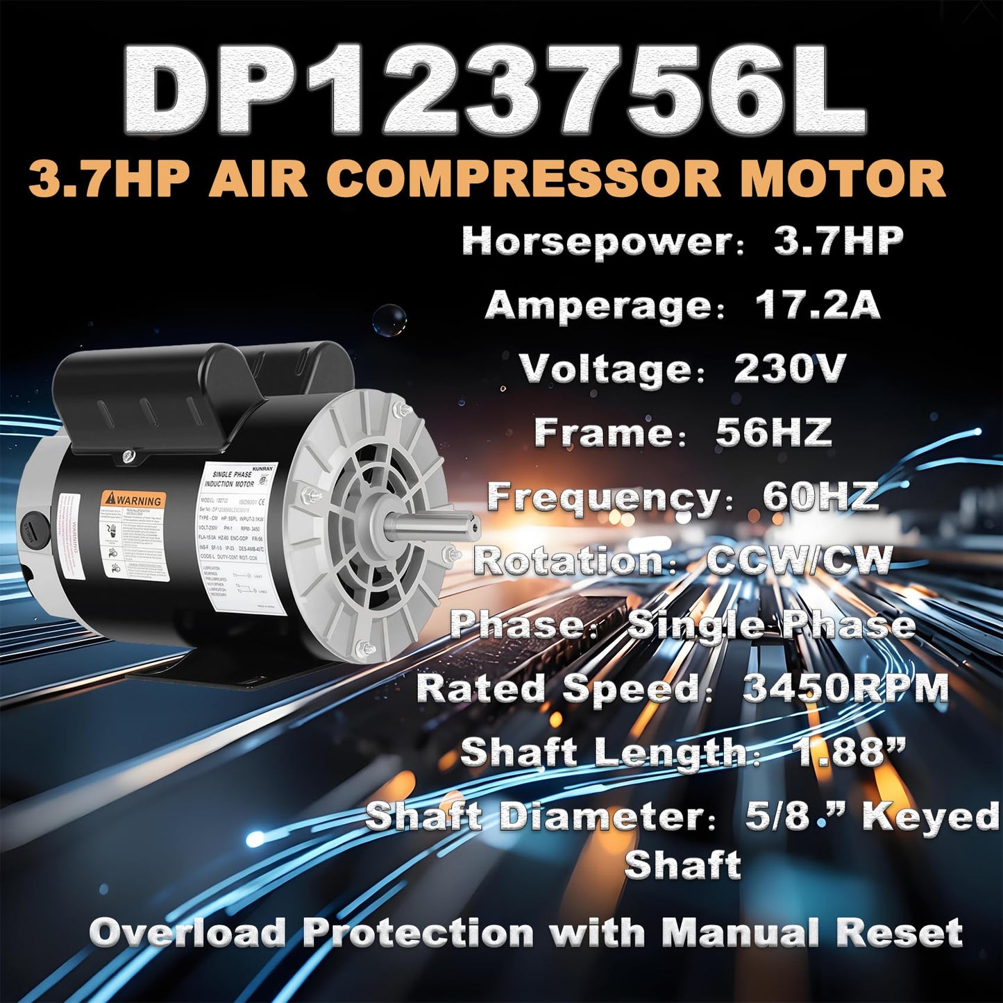 Kunray 3.7HP Air Compressor Motor, 3450RPM Electric Motor, 230V 17.2 Amps Single Phase Motor, 5/8" Keyed Shaft 56 Frame, 1.88" Shaft Length, CCW/CW Rotation