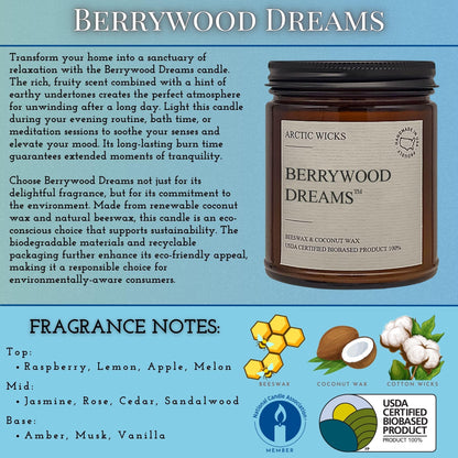 Arctic Wicks Scented Coconut Beeswax Candles | Coconut Beeswax Non Toxic Candle 9oz Amber | Farmhouse Candles Non-Toxic Clean Burn 100% USDA Certified Biobased (Berrywood Dreams)