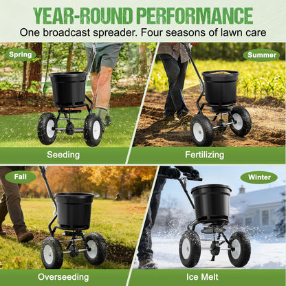 PPOLB Broadcast Spreader for Lawns, 50LB Fertilizer Spreader with 30-Level Flow Control, Walk Behind Lawn Seed & Salt Spreader, 0–10FT Coverage, Hopper Screen, Rain Cover, 12" Pneumatic Wheels