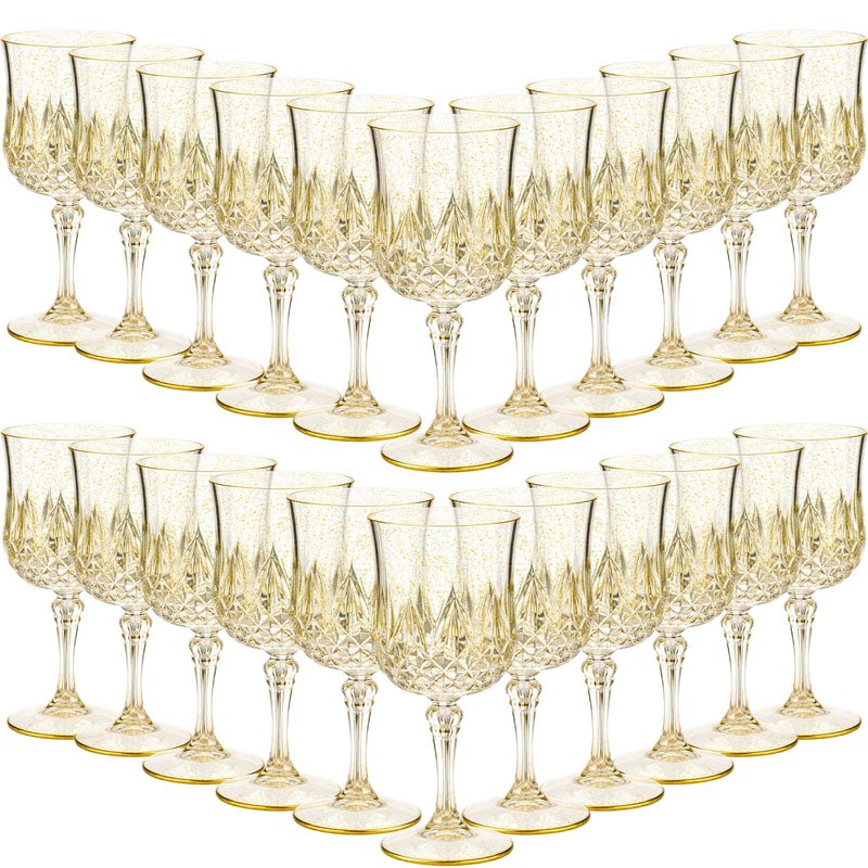 Sliner 48 Pcs Plastic Wine Glasses 7oz Vintage Drinking Goblets Unbreakable Crystal Water Glassware Reusable Diamond Champagne Flutes Cups for Wedding Banquet Birthday Party Supplies(Gold Glitter)