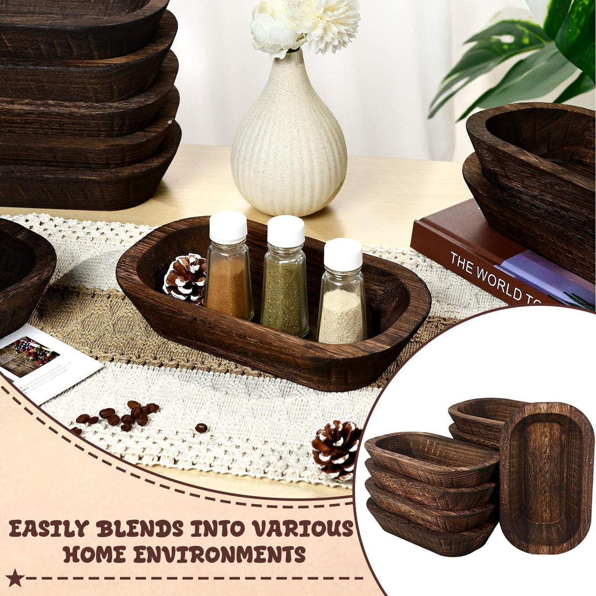 ONESIXEC 10 Pack Wood Decorative Bowls Long Heavy Handmade Carved Key Bowl for Entryway Table Home Decor Rustic Boho Decor Bowls for Candle Making Potpourri Catch (9.4" x 5.5" x 1.7")