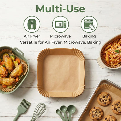 Air Fryer Paper Liners,100PCS Natural Parchment Paper for Air Fryer,Oil-proof Water-proof, Food Grade Parchment for AirFryer, Steamer, Microwave Etc (square 6.3 inch)