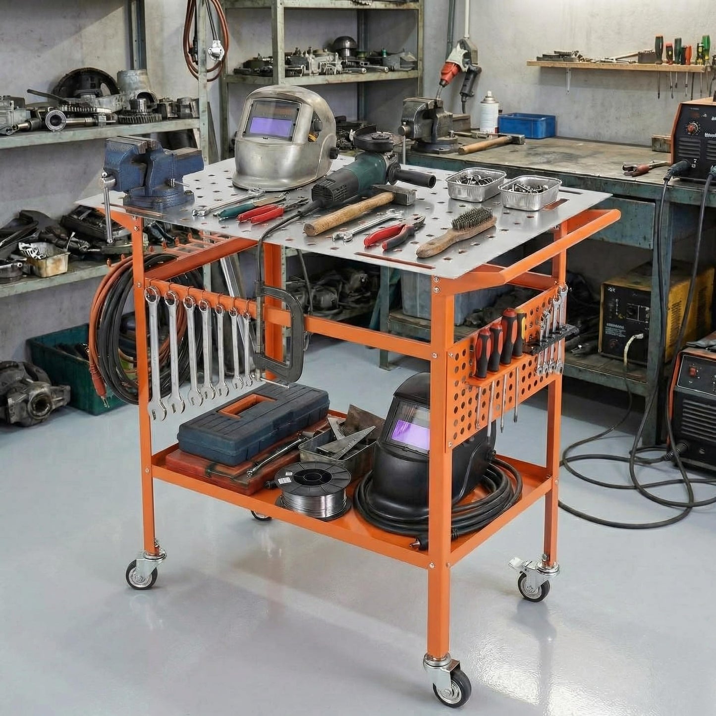 Welding Table, 36" x 24" Welding Workbench with 800LBS Steel Frame, Portable Welding Bench with 2 Brake Wheels & 4 Adjustable Feet, Side Hanging Board, 178 5/8" Fixture Holes for Garage Workshop