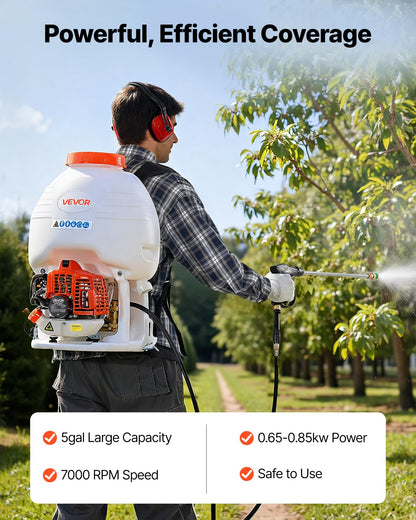 VEVOR Gas Powered Backpack Sprayer, 26.5CC 0.9HP Engine, Garden Sprayer with 5 Gallon Tank, Large Area Coverage, Lawn Spraying Machine with 24 in Wand & Nozzles for Efficient Gardening & Farming