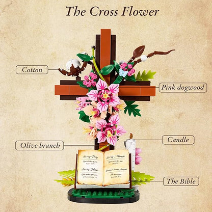 Jesus Cross Flower Building Set Religious Cross Collectibles Compatible with Lego Jesus Catholic Building Toys Easter Christian Birthday Gifts for Mothers Women or Adults (568 PCS)