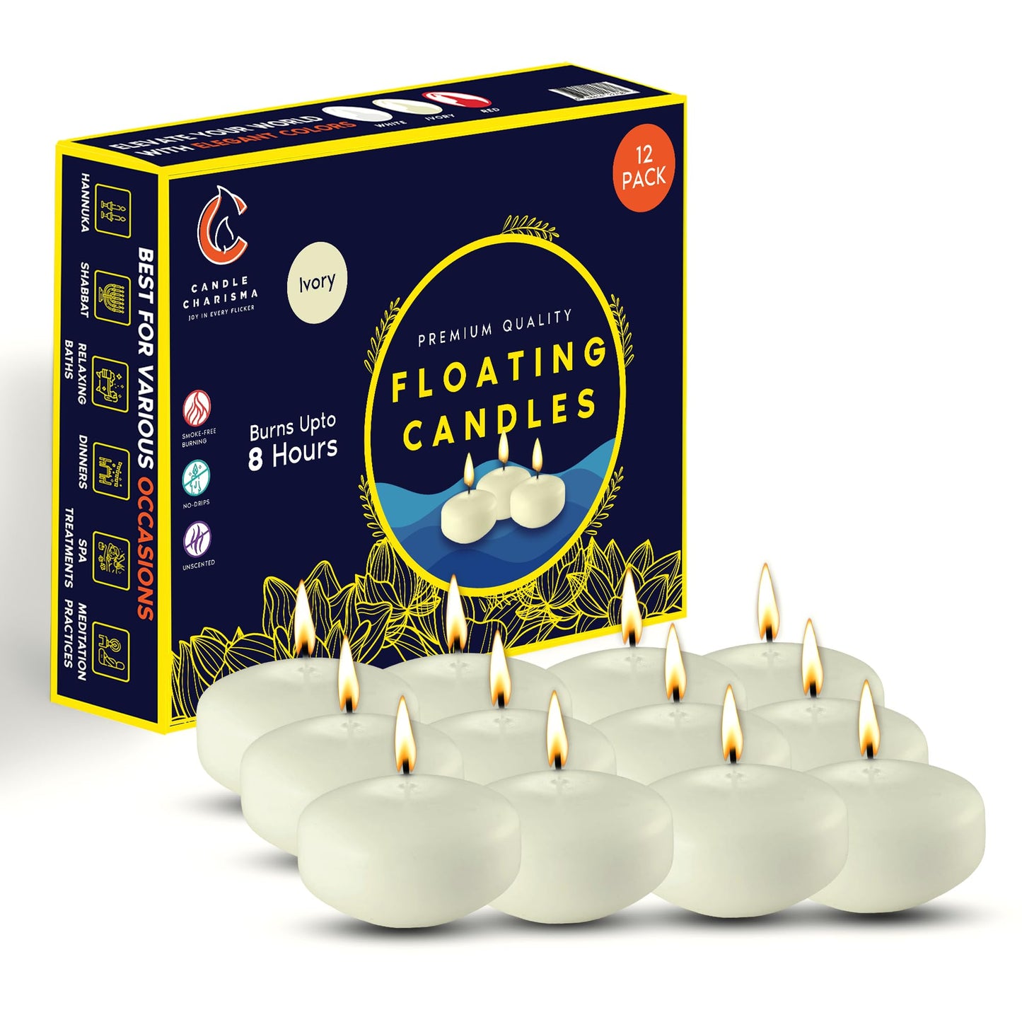 Candle Charisma Ivory Floating Candles 3 Inch (Set of 12) – 8-Hour Dripless, Smokeless Burn with Natural Flickering Flame – Perfect for Weddings, Centerpieces, Pool Nights & Special Events