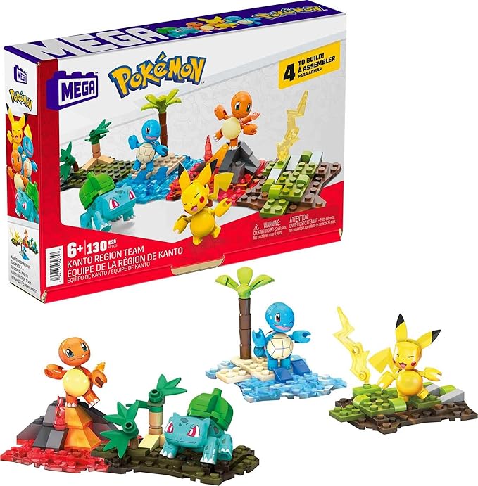 MEGA Pokémon Building Toys Set Kanto Region Team with 130 Pieces 4 Poseable and Articulated Characters 2 Inches Tall for Kids
