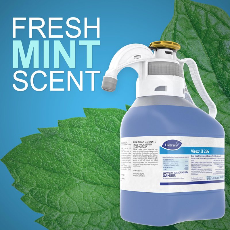 VIREX Diversey II 256 5019317 Disinfectant Cleaner Concentrate, Multi-Surface for Home & Commercial Use, Odor Control, Mint Scent, SmartDose SmartDose Bottle, 1.4 Liter (Pack of 2)