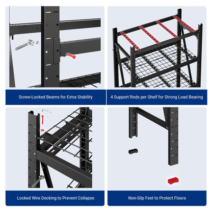 FLEXIMOUNTS Garage Shelving Heavy Duty, 49.6" W 4-Tier 10000LBS Industrial Shelving Unit with 4 Hooks, Adjustable Storage Shelves for Garage, Basement, Warehouse, 71" H x 49.6" W x 23.6" D