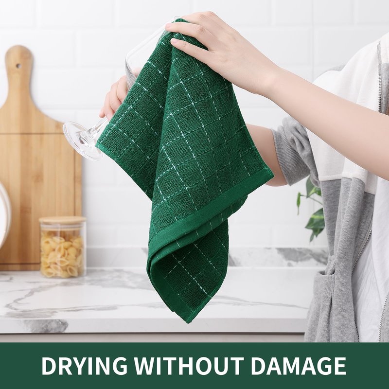 Homaxy 100% Cotton Terry Kitchen Towels(Dark Green, 13 x 28 inches), Checkered Designed, Soft and Super Absorbent Dish Towels, 4 Pack