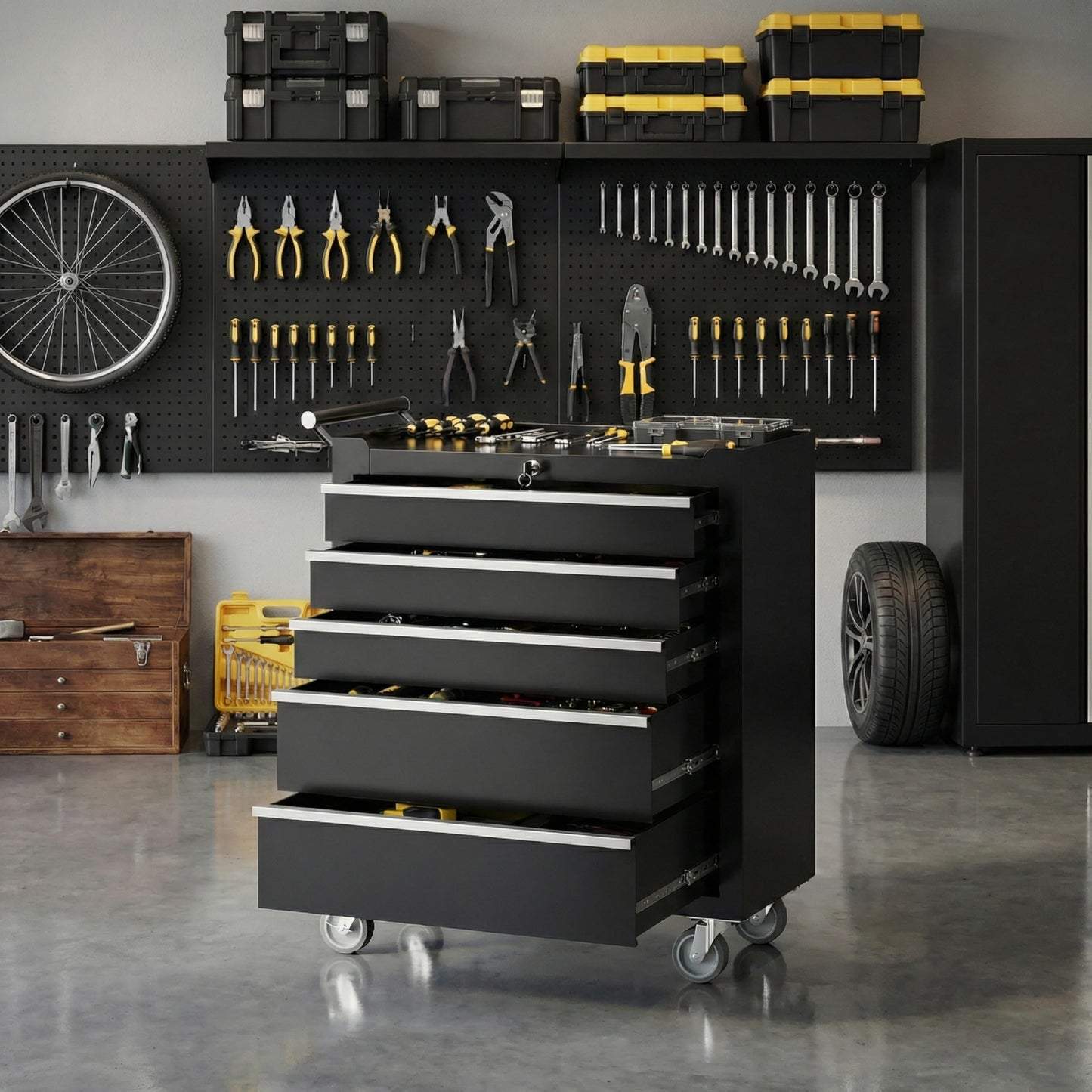 SierraSquad Rolling Tool Chest, 5-Drawer Tool Storage Cabinet, Tool Box with Wheels, Lock System and Drawer Liners, Tool Cart for Warehouse, Workshop and Repair Shop, Black