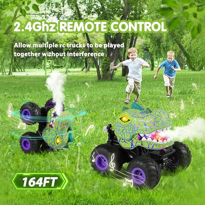 DYODYORC Remote Control Car 2.4Ghz All Terrain Dinosaur Monster Truck Toys RC Truck with Spay Music 3 Lighting Effects Stunt Capable Toy Gifts for Boys and Girls (Green Purple)