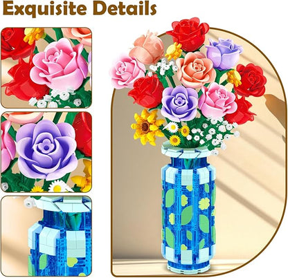Roses Flowers Building Set with Vase &amp LED Light Easter/Birthday Day Gift for Her/Him 16 Mini Flowers Bouquet Building Blocks Toy Artificial Flowers for Home Office Decor &amp Display