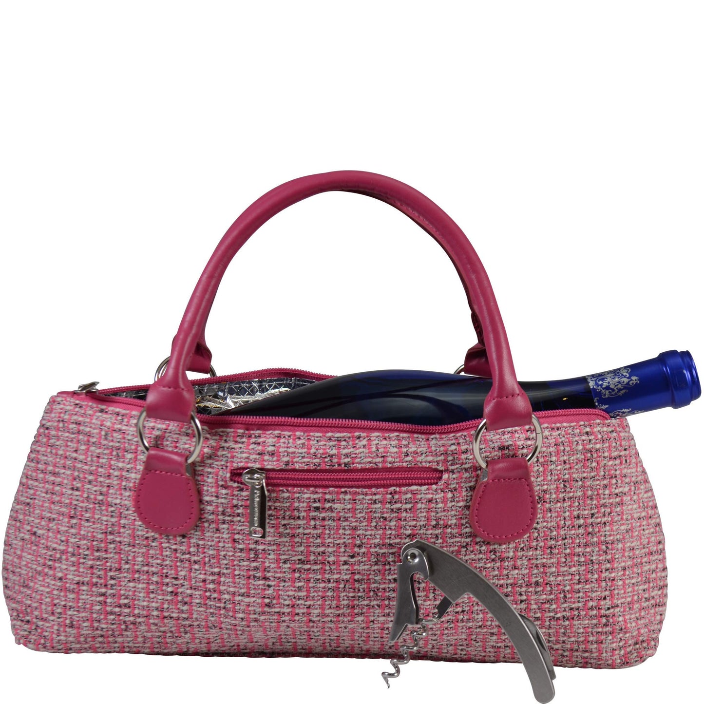Wine Clutch Bag (Thermal Insulated) Trendy Women’s Carry Tote | Holds Red & White 750mL Bottles | Trendy Fashion | Incl. Portable Waiter-Style Corkscrew (Pink Tweed)