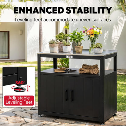 Feasto Outdoor Potting Bench with Storage, Stainless Steel Tabletop Garden Work Bench with Storage Cabinet & Removable Inner Shelf for Patio Lawn Outdoor Gardening