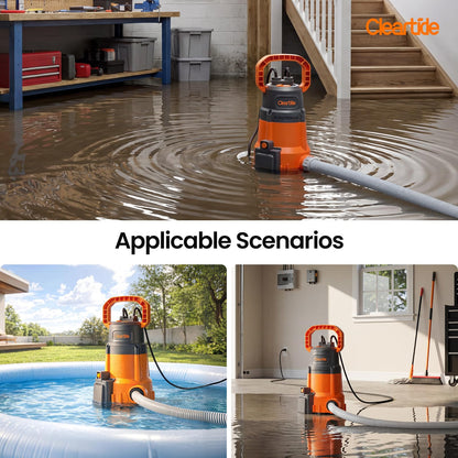 Cleartide 1/3 HP Submersible Utility Pump, 2790 GPH High Flow, Thermoplastic Portable Sump Pump with Auto Water Sensor, Ideal for Pool, Flooded Basement, Hot Tub, Pond & Garden Draining,10 FT Cord