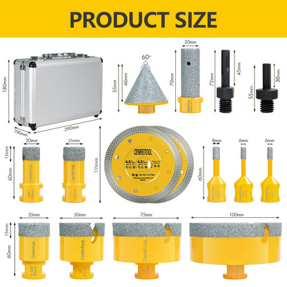 Upgrade 15PCS Diamond Tile Hole Saw Kit: Tile Drill Bits 5/8-11 6/6/8/20/25/35/50/75/100mm, Finger Bit/Chamfer Bit/Cutting Disc/SDS Adapter, Diamond Core Drill Bits Set, Ceramic Tile Porcelain Granite