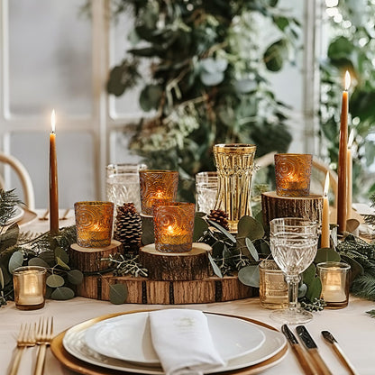 6 Pack Sun Moon Star Embossed Glass Tea Light Candle Holders - Votive Candle Holders for Wedding, Party, Home Decor, and Table Centerpieces (Chestnut Brown)