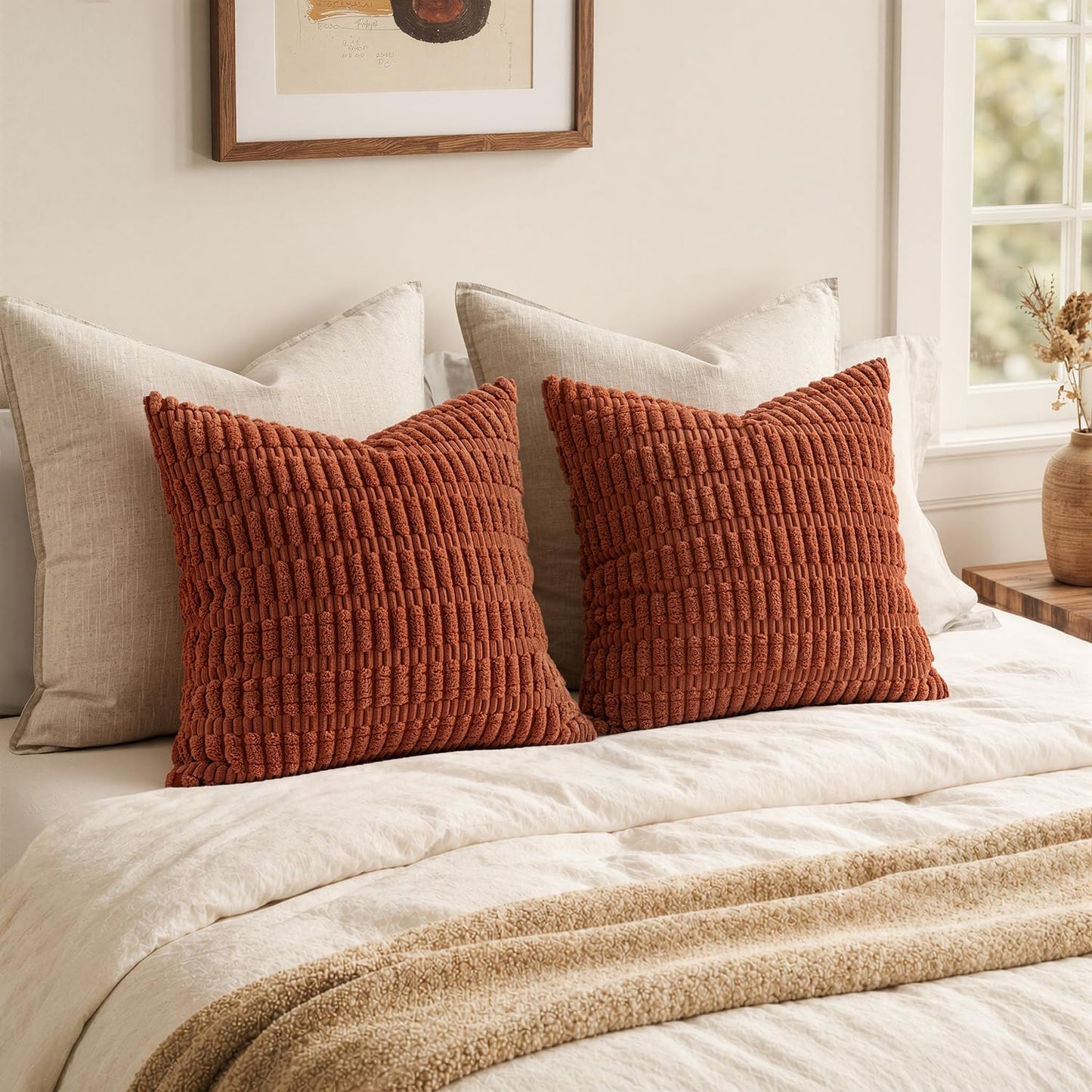 MIULEE Pack of 2 Rust Corduroy Decorative Euro Sham Pillow Covers 22x22 Inch Soft Boho Striped Throw Pillow Covers Modern Farmhouse Home Decor for Summer Sofa Living Room Couch Bed