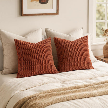 MIULEE Pack of 2 Rust Corduroy Decorative Euro Sham Pillow Covers 22x22 Inch Soft Boho Striped Throw Pillow Covers Modern Farmhouse Home Decor for Summer Sofa Living Room Couch Bed