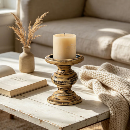 SOFE Antique Wood Pillar Candle Holders, Rustic Farmhouse Large Candle Holder, Wide Pedestal Candle Holders, Perfect for Dining Room, Living Room, Coffee Table Decorative