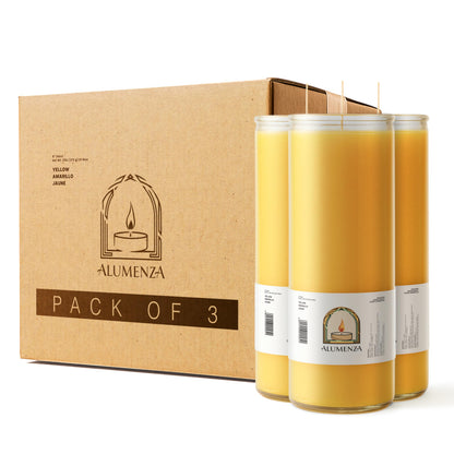 Alumenza 3 Pack Yellow 7 Day Candles in Glass Jar – Paraffin Wax, Clean Burning Unscented | Large & Tall Devotional Prayer Pillar Candles for Home, Memorial, Spells, Long Lasting
