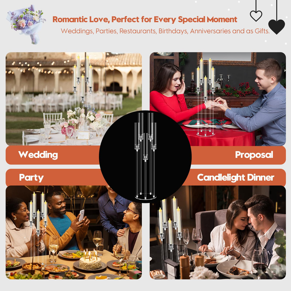 4 Set 5 Arm Acrylic Candle Holder, Mjkeomo 34.6'' Tall Candelabra Centerpieces for Tables Clear Candlesticks Holder with Lampshade for Housewarming Gift Fireplace Dinner Decor Fit 0.87'' LED Candle