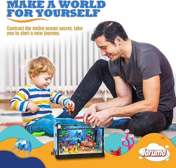 Jorumo Fish Tank Building Block Lighting Aquarium Building Sets for Adults and Kids Including Ocean Jellyfish Dolphin Turtle Crab Animal Building Toys for Boys Age 12+ 725pcs