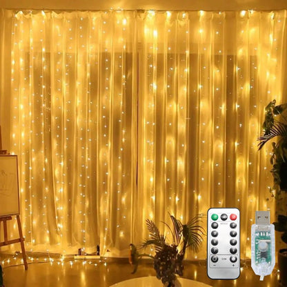 300 LED Curtain String Lights, Fairy String Lights with 8 Light Modes & Remote Controlled, 9.8x9.8ft Indoor Outdoor String Lights for Christmas, Weddings, Party, Bedroom, Wall, Window (Warm white)